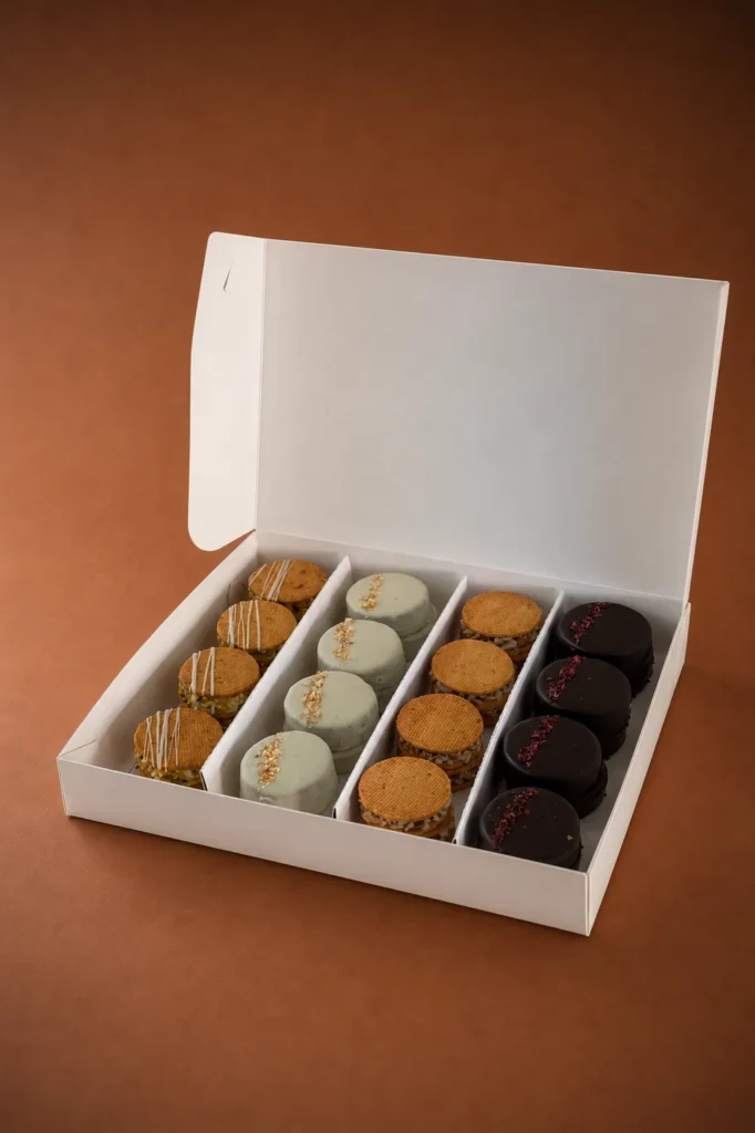 Box Alfajores abierta, vista lateral