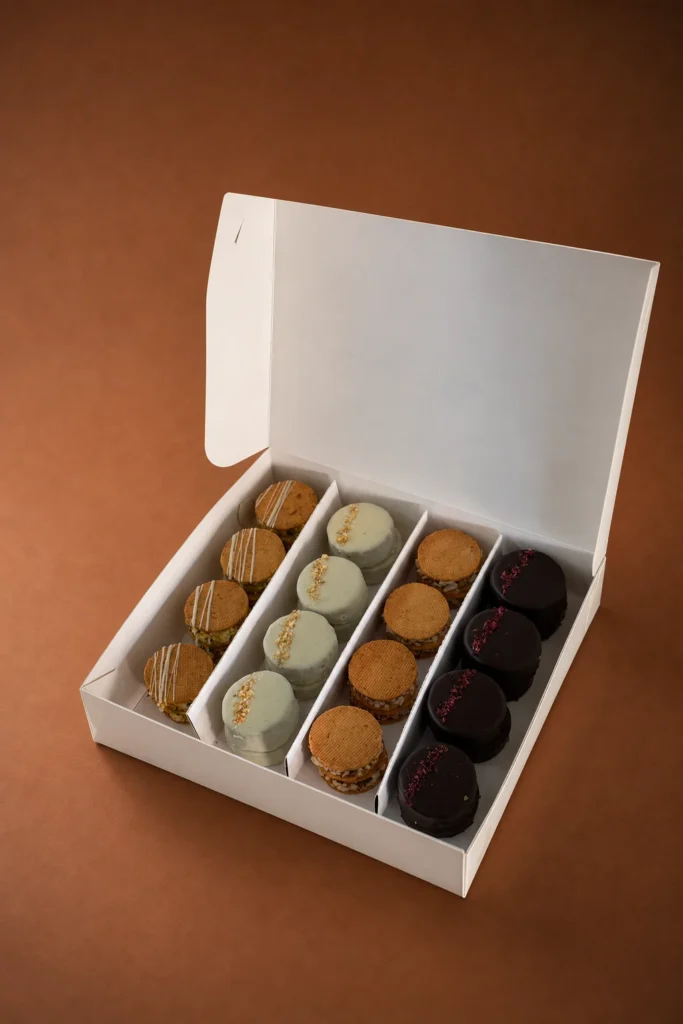 Box Alfajores abierta sobre fondo marrón