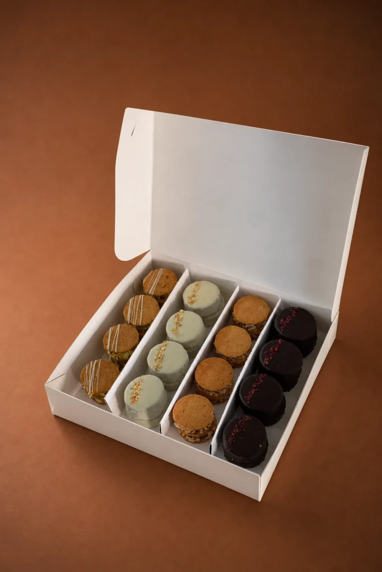 Box Alfajores abierta sobre fondo marrón