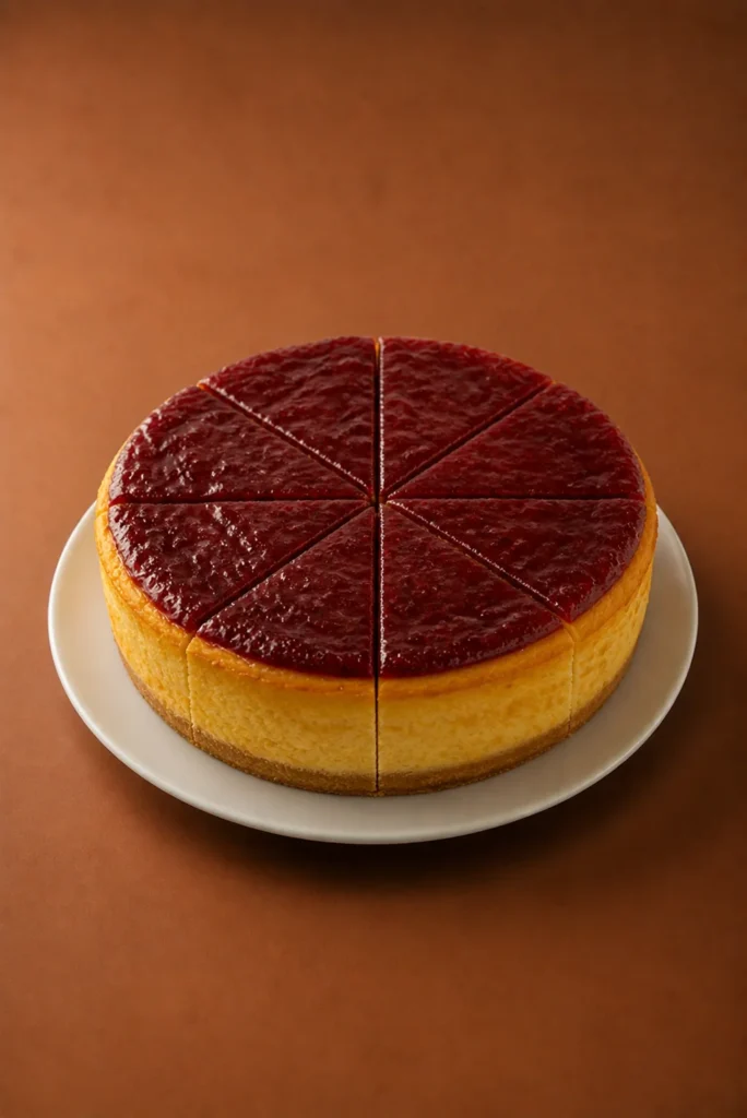cheesecake frutos rojos 8 porciones sobre fondo marrón cálido