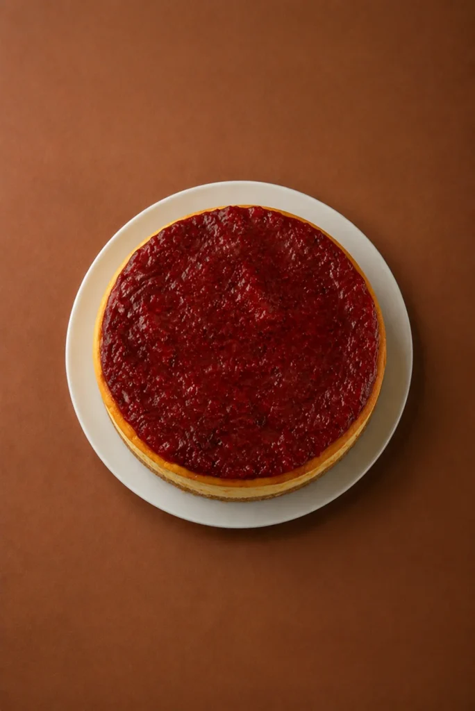 cheesecake frutos rojos cenital sobre fondo marrón cálido