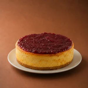 cheesecake frutos rojos lateral sobre fondo marrón cálido