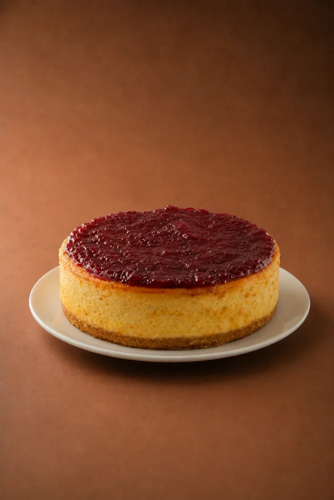 cheesecake frutos rojos lateral sobre fondo marrón cálido