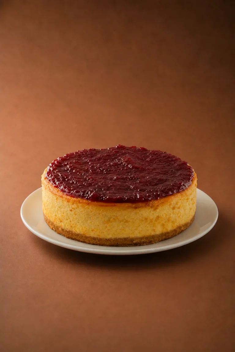 cheesecake frutos rojos lateral sobre fondo marrón cálido