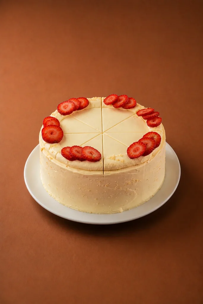 cheesecake japones 8 porciones sobre fondo marrón cálido