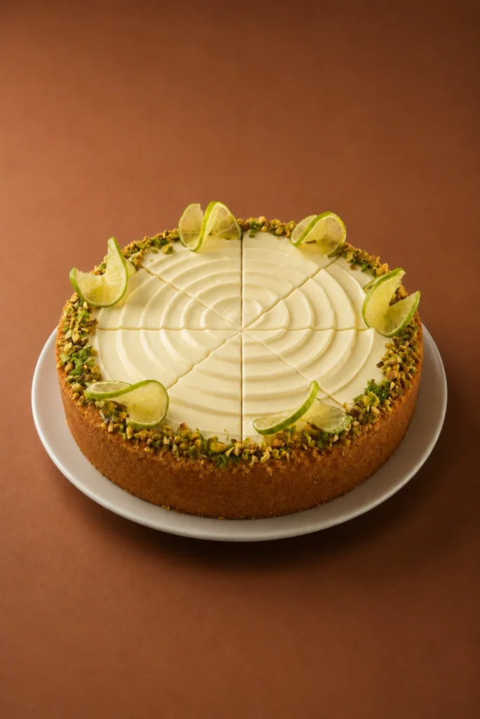 key-lime-pie-8-porciones sobre fondo marrón cálido