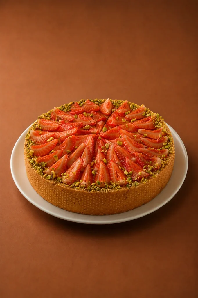 tarta frutilla pistachos 8 porciones sobre fondo marrón cálido