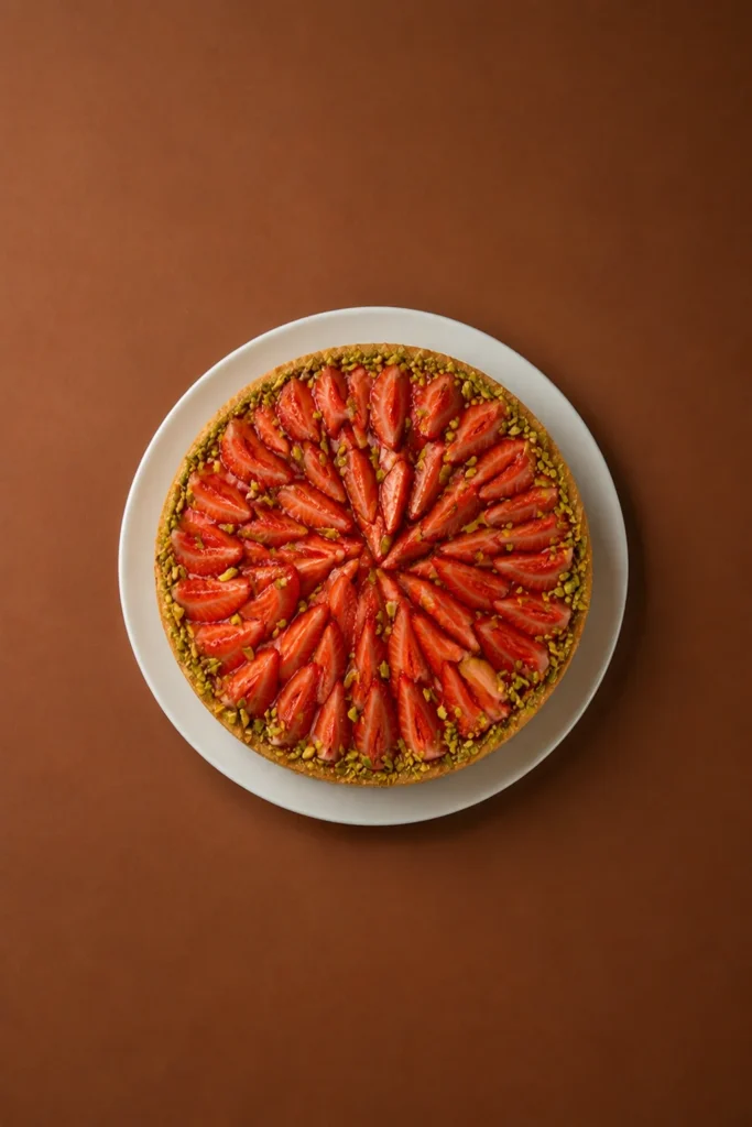 tarta frutilla pistachos cenital sobre fondo marrón cálido