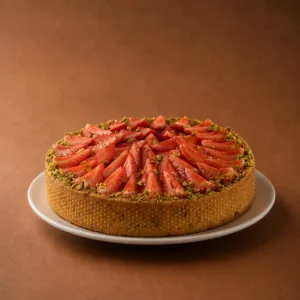 tarta frutilla pistachos lateral sobre fondo marrón cálido