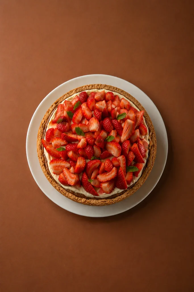 Torta de nuez vista cenital sobre fondo marrón cálido