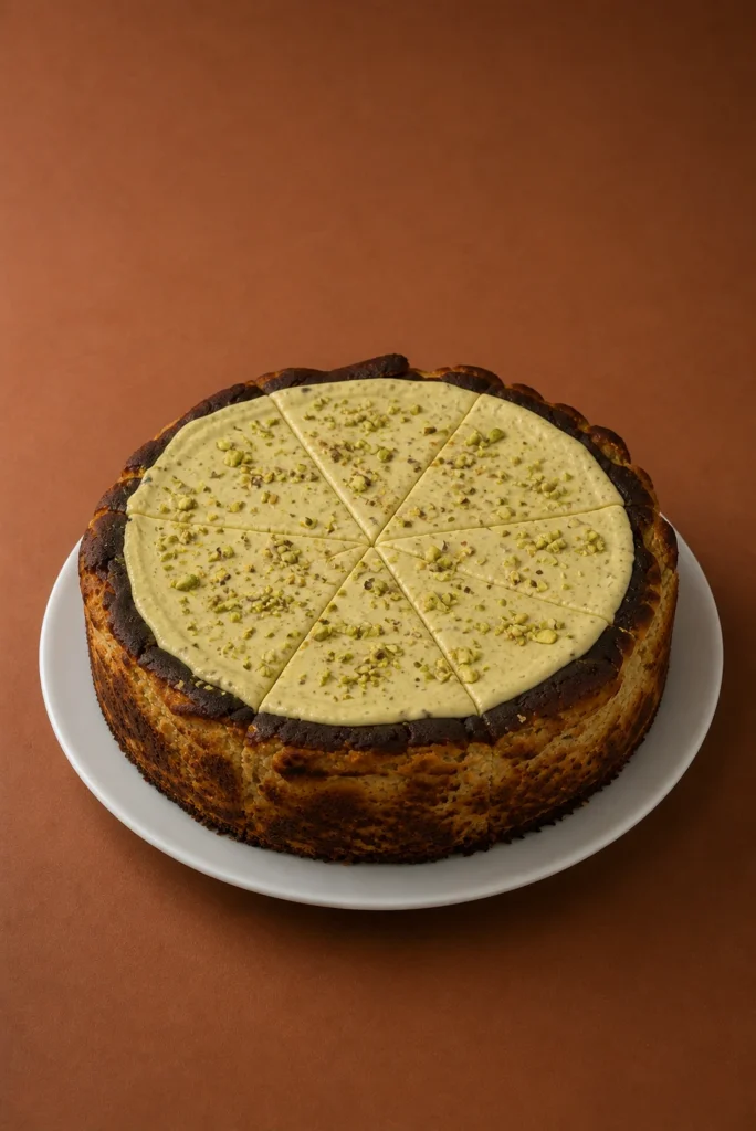 Torta vasca de pistachos Francis marcada en 8 porciones